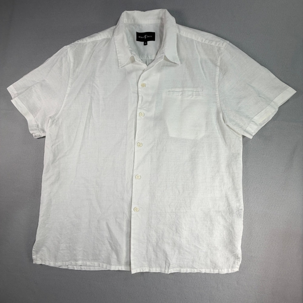 Blue Jazz Mens Linen Short Sleeve Button Down Shirt 3XL White Vacation Coastal